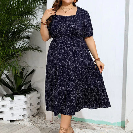 GIBSIE-vestido feminino de bolinhas com gola quadrada, tamanho grande, bainha longa de babados, vintage, casual, feriado, verão, 2024