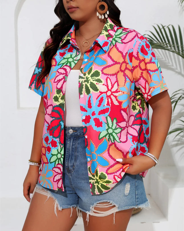 GIBSIE-camisas femininas com estampa boho, manga curta, colarinho com botões, plus size, blusas casuais para férias, verão