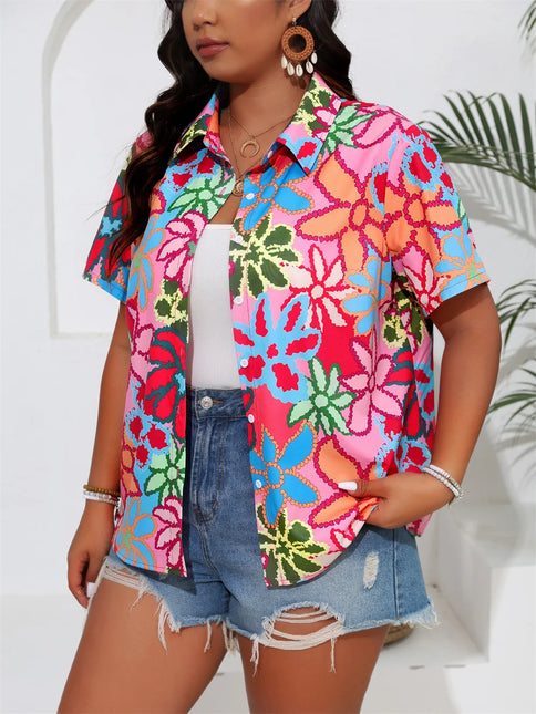 GIBSIE-camisas femininas com estampa boho, manga curta, colarinho com botões, plus size, blusas casuais para férias, verão