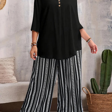Gibsie conjunto de calças femininas plus size, duas peças, decote em v, detalhe de botão, manga 3/4, top casual estampado, calças largas, verão 2025