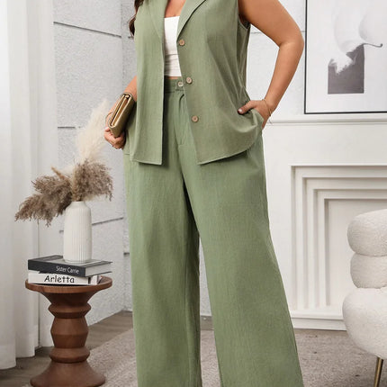Gibsie plus size conjunto de duas peças para mulheres sólido entalhado pescoço sem mangas colete e calças largas perna 2025 verão escritório senhoras terno