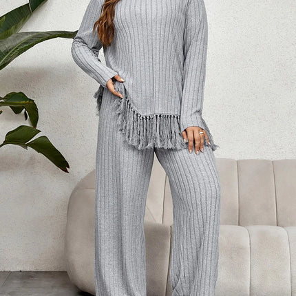 Gibsie plus size feminino estilo casa roupa de duas peças outono casual o-pescoço manga longa borla bainha topos com calças de perna larga conjuntos
