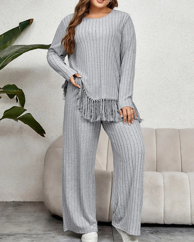Gibsie plus size feminino estilo casa roupa de duas peças outono casual o-pescoço manga longa borla bainha topos com calças de perna larga conjuntos