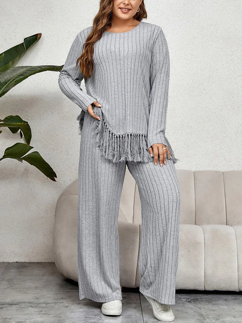Gibsie plus size feminino estilo casa roupa de duas peças outono casual o-pescoço manga longa borla bainha topos com calças de perna larga conjuntos