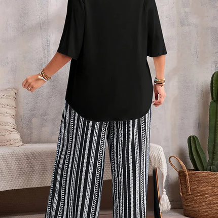 Gibsie conjunto de calças femininas plus size, duas peças, decote em v, detalhe de botão, manga 3/4, top casual estampado, calças largas, verão 2025