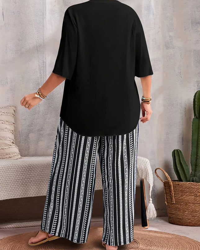 Gibsie conjunto de calças femininas plus size, duas peças, decote em v, detalhe de botão, manga 3/4, top casual estampado, calças largas, verão 2025