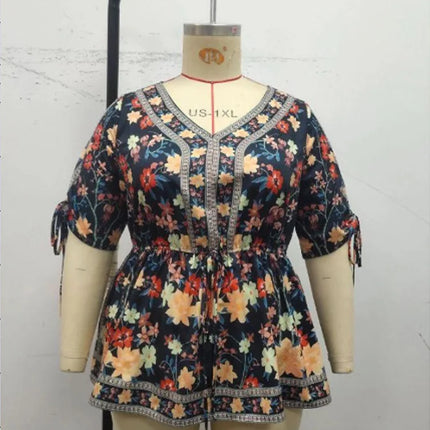 Gibsie plus size floral impressão gravata manga curta com decote em v topo feminino verão 2025 casual estilo de férias elástico boho blusas femininas