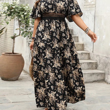 Gibsie plus size quadrado pescoço floral impressão maxi vestido feminino verão 2025 nó frente oco para fora boho férias grandes vestidos de balanço