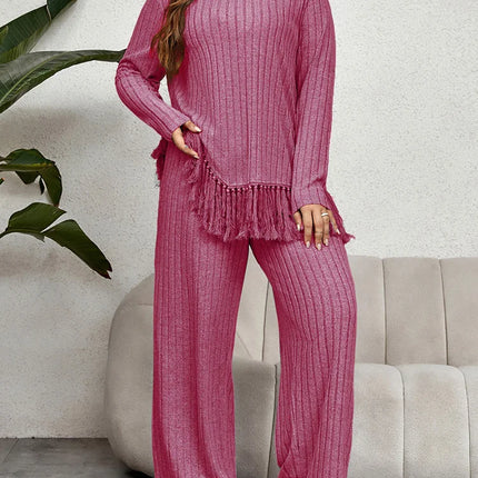 Gibsie plus size feminino estilo casa roupa de duas peças outono casual o-pescoço manga longa borla bainha topos com calças de perna larga conjuntos