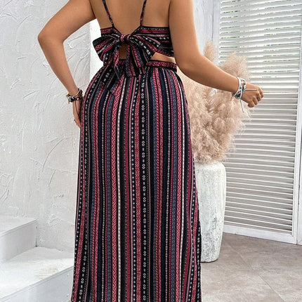 Gibsie plus size sexy sem costas colheita cami topo com alta divisão saia longa conjunto de duas peças feminino férias boêmio impressão mulher outfit
