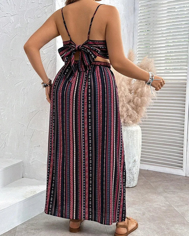Gibsie plus size sexy sem costas colheita cami topo com alta divisão saia longa conjunto de duas peças feminino férias boêmio impressão mulher outfit