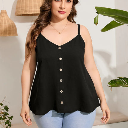 GIBSIE-Camiseta feminina, tamanho grande, preto, decote em v, sem mangas, tops sem costas, moda, tanques casuais de botão frontal, verão