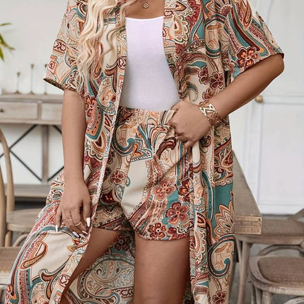 GIBSIE-Conjunto feminino de duas peças, tamanho grande, estampa de férias, cardigã longo de quimono, manga curta, boho, cinto sem cinto, verão