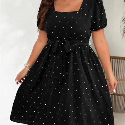 Gibsie plus size pescoço quadrado bolinhas com cinto vestido feminino elegante retro puff manga cintura alta verão a linha grandes vestidos de balanço