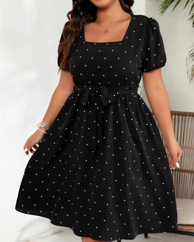 Gibsie plus size pescoço quadrado bolinhas com cinto vestido feminino elegante retro puff manga cintura alta verão a linha grandes vestidos de balanço