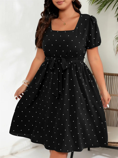 Gibsie plus size pescoço quadrado bolinhas com cinto vestido feminino elegante retro puff manga cintura alta verão a linha grandes vestidos de balanço