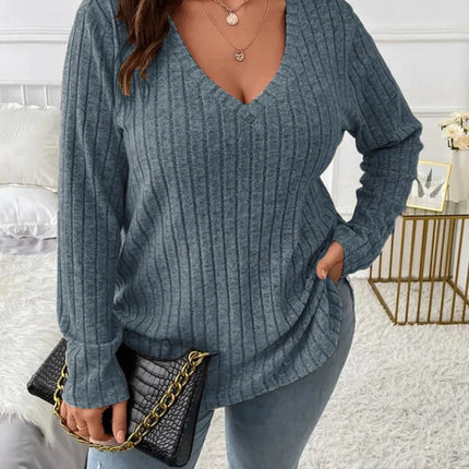 Gibsie plus size feminino casual com decote em v manga longa camisetas camisa 2024 primavera outono moda solta com nervuras malha topos para mulher