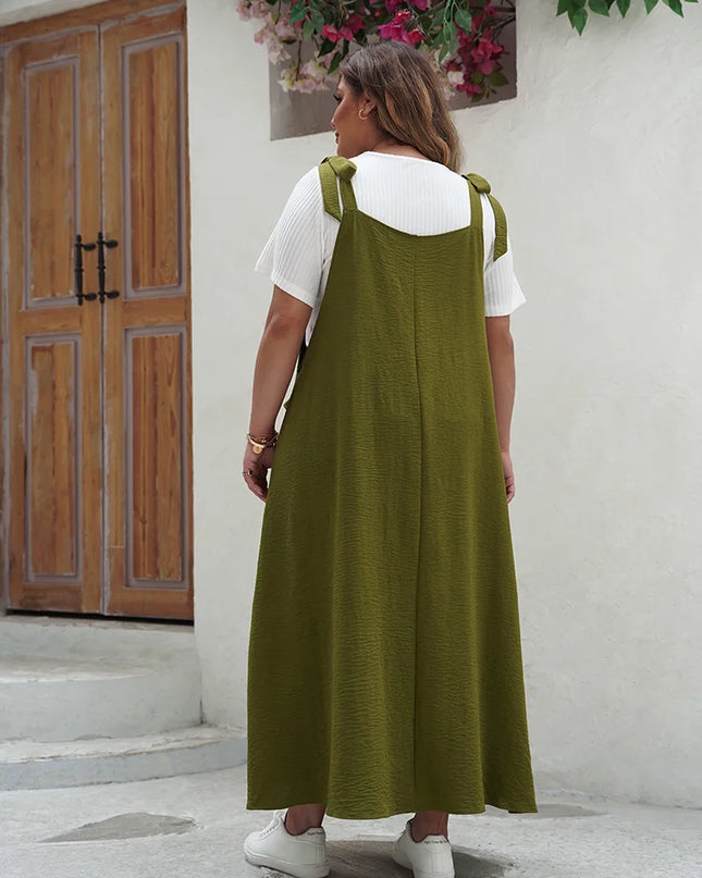 Gibsie plus size sólido gravata ombro macacão vestido para mulher 2025 verão casual solto sem mangas maxi vestidos longos com bolsos