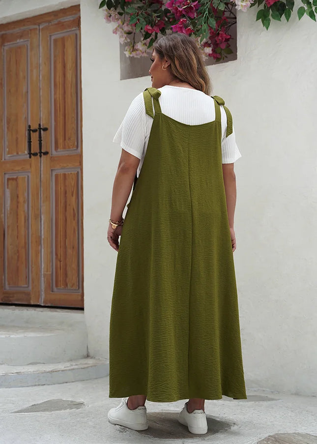 Gibsie plus size sólido gravata ombro macacão vestido para mulher 2025 verão casual solto sem mangas maxi vestidos longos com bolsos