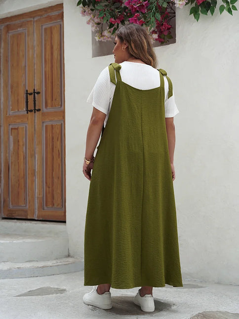 Gibsie plus size sólido gravata ombro macacão vestido para mulher 2025 verão casual solto sem mangas maxi vestidos longos com bolsos