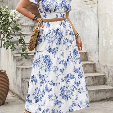 2025 verão das mulheres plus size saias outfits floral impressão com decote em v manga curta topos cintura elástica saias longas roupas 2 peças conjunto