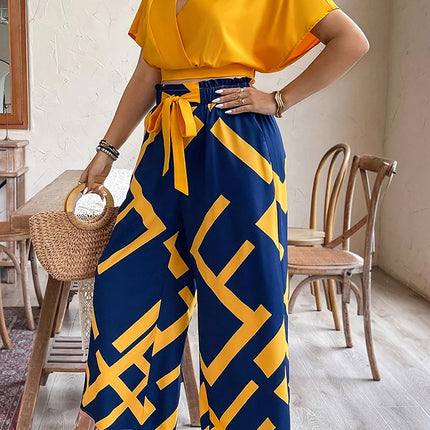 Gibsie conjunto de calças plus size feminino verão com decote em v manga curta colheita topo impresso gravata frente calças largas perna férias conjunto de duas peças