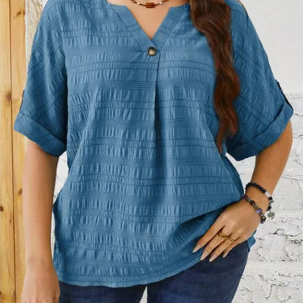 Gibsie plus size sólido botão detalhe notch pescoço blusa feminina moda 2025 novo verão meia manga casual blusas soltas topos