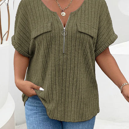GIBSIE-T-shirt frontal feminina com fecho de correr, gola O, manga curta, tees casuais de malha costela, tops femininos, sólidos, plus size, verão, 2024