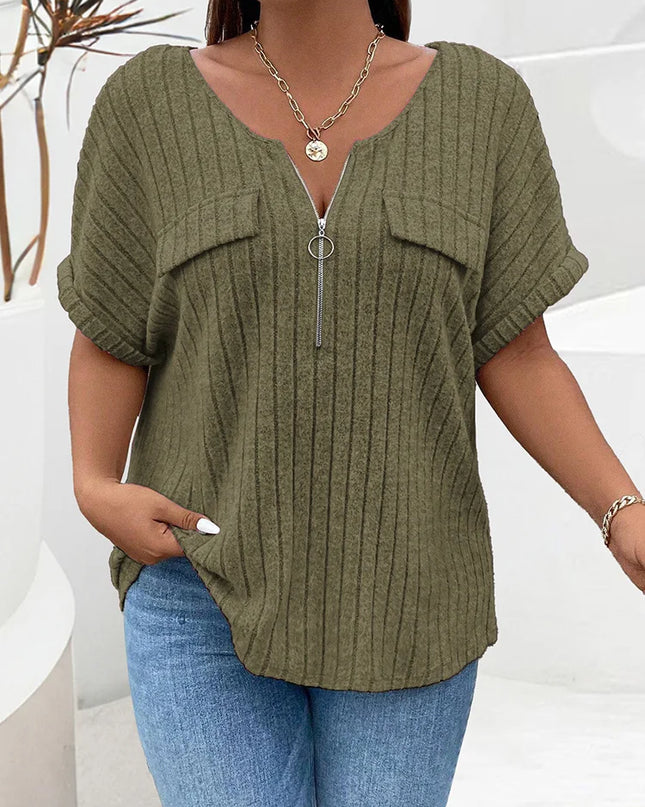 GIBSIE-T-shirt frontal feminina com fecho de correr, gola O, manga curta, tees casuais de malha costela, tops femininos, sólidos, plus size, verão, 2024