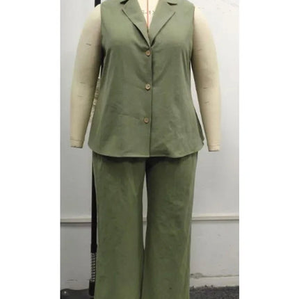 Gibsie plus size conjunto de duas peças para mulheres sólido entalhado pescoço sem mangas colete e calças largas perna 2025 verão escritório senhoras terno