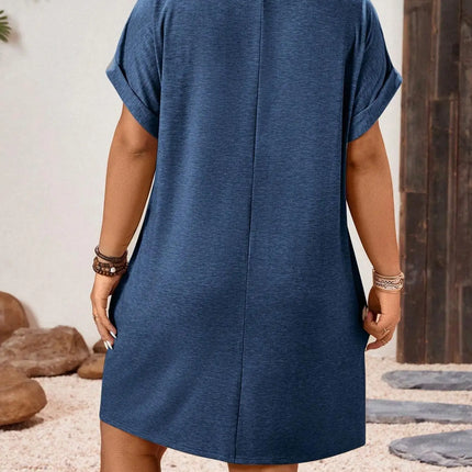 【Tamanho Plus】 Vestido de cor sólida com decote em V, vestido casual de manga curta para o verão, roupas femininas plus para uso diário