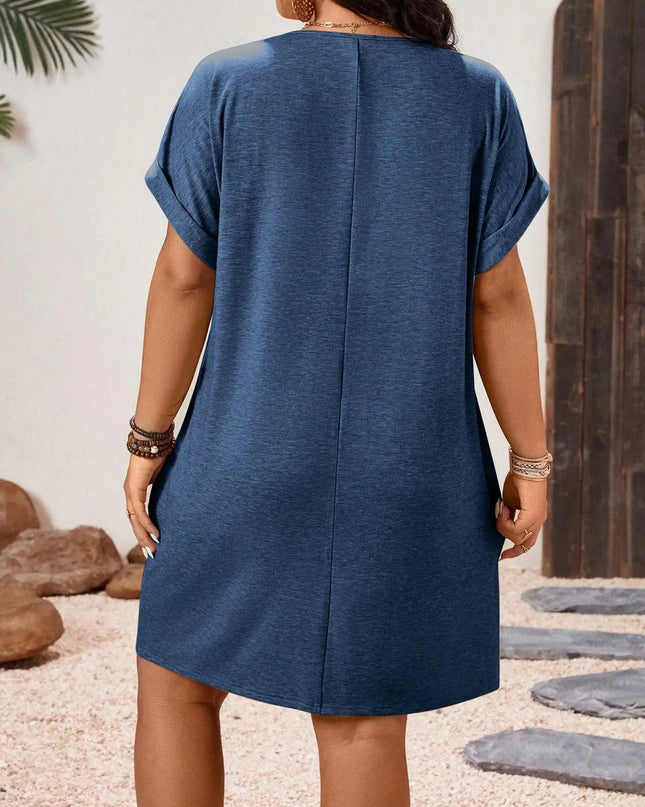 【Tamanho Plus】 Vestido de cor sólida com decote em V, vestido casual de manga curta para o verão, roupas femininas plus para uso diário