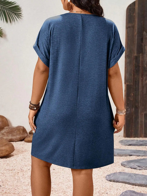 【Tamanho Plus】 Vestido de cor sólida com decote em V, vestido casual de manga curta para o verão, roupas femininas plus para uso diário