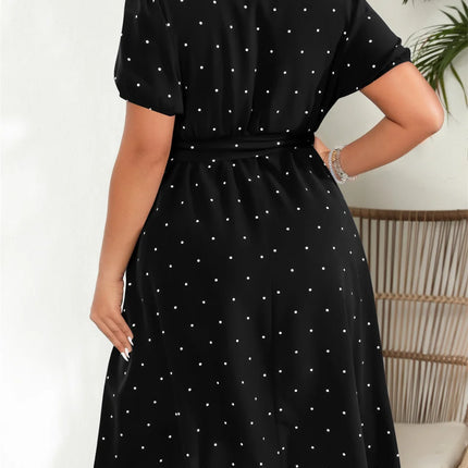 Gibsie plus size pescoço quadrado bolinhas com cinto vestido feminino elegante retro puff manga cintura alta verão a linha grandes vestidos de balanço