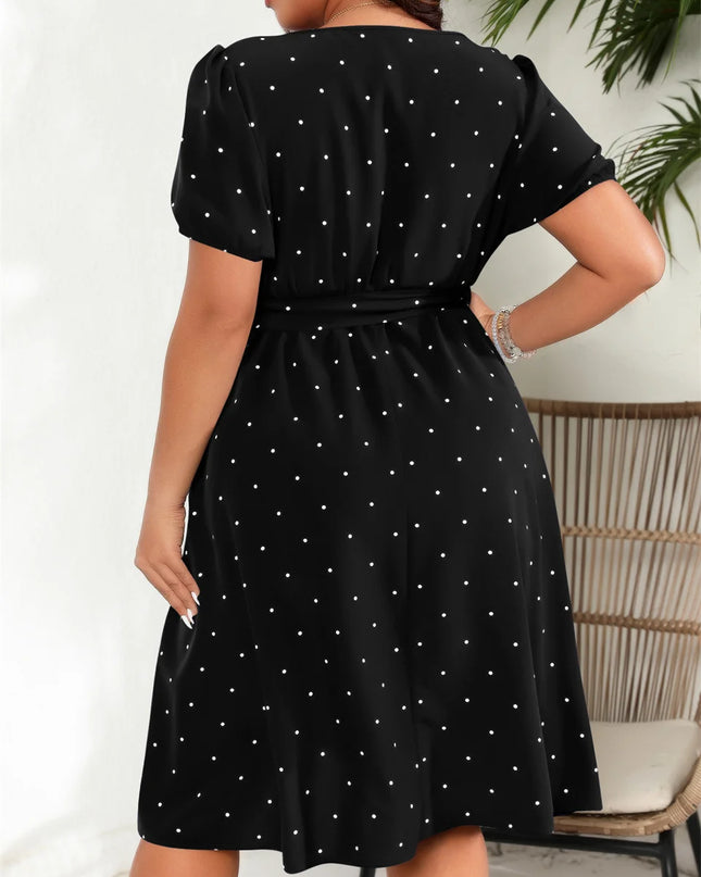 Gibsie plus size pescoço quadrado bolinhas com cinto vestido feminino elegante retro puff manga cintura alta verão a linha grandes vestidos de balanço