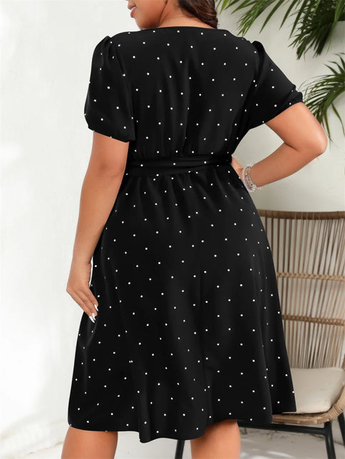 Gibsie plus size pescoço quadrado bolinhas com cinto vestido feminino elegante retro puff manga cintura alta verão a linha grandes vestidos de balanço