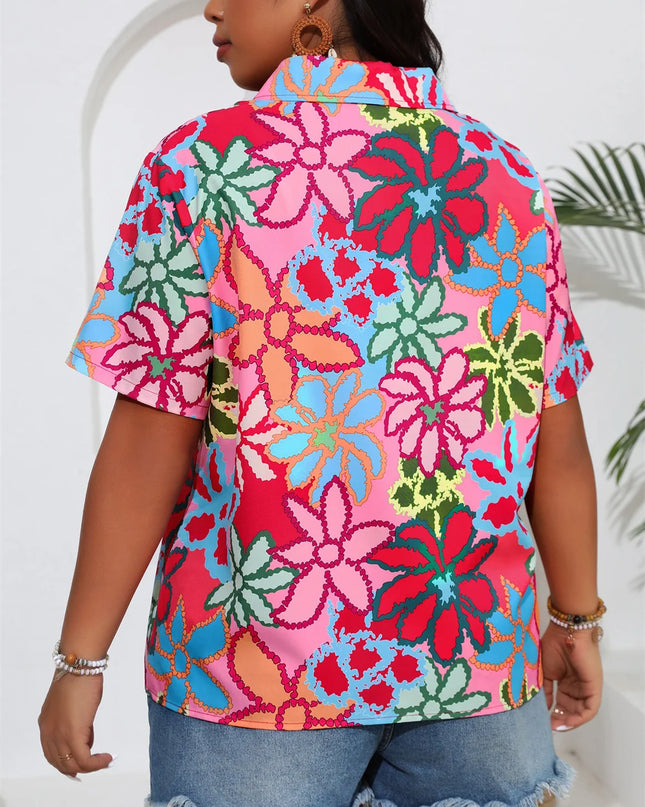 GIBSIE-camisas femininas com estampa boho, manga curta, colarinho com botões, plus size, blusas casuais para férias, verão