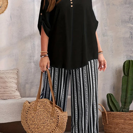 Gibsie conjunto de calças femininas plus size, duas peças, decote em v, detalhe de botão, manga 3/4, top casual estampado, calças largas, verão 2025