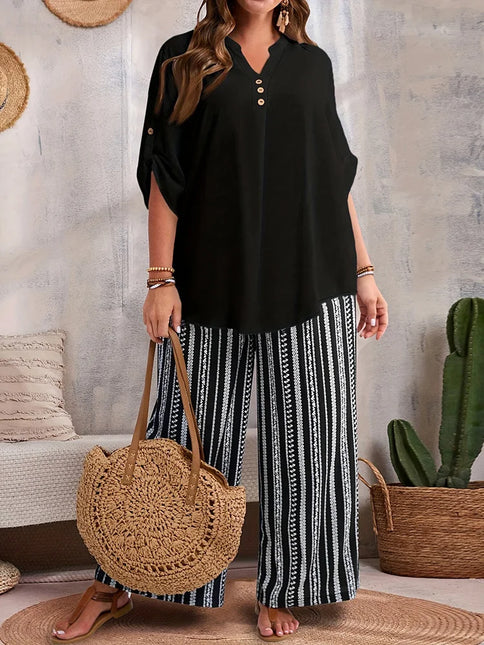 Gibsie conjunto de calças femininas plus size, duas peças, decote em v, detalhe de botão, manga 3/4, top casual estampado, calças largas, verão 2025