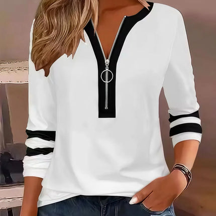 Blusa Feminina Listrada com Decote em V e Zíper