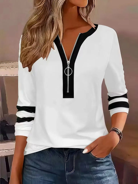 Blusa Feminina Listrada com Decote em V e Zíper