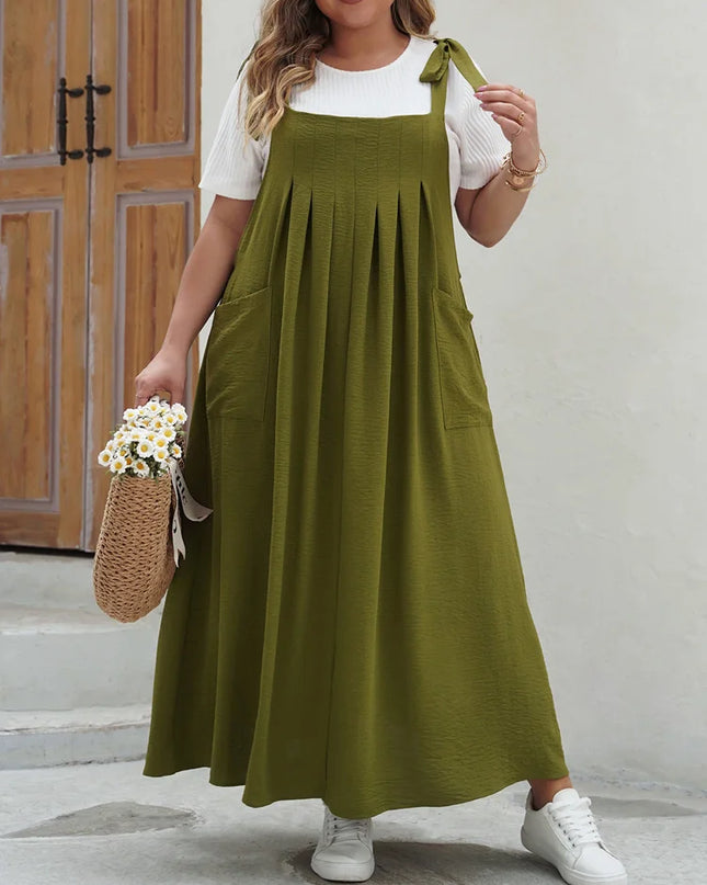 Gibsie plus size sólido gravata ombro macacão vestido para mulher 2025 verão casual solto sem mangas maxi vestidos longos com bolsos