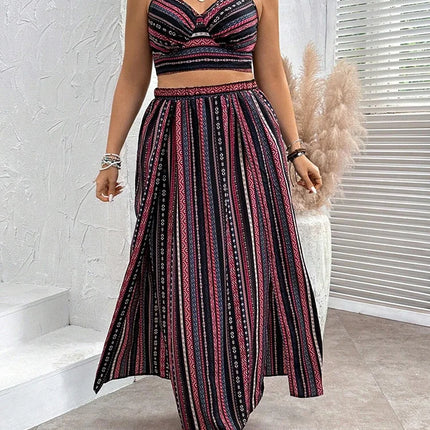 Gibsie plus size sexy sem costas colheita cami topo com alta divisão saia longa conjunto de duas peças feminino férias boêmio impressão mulher outfit