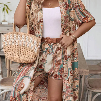 GIBSIE-Conjunto feminino de duas peças, tamanho grande, estampa de férias, cardigã longo de quimono, manga curta, boho, cinto sem cinto, verão