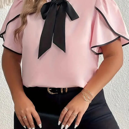 GIBSIE-Blusa feminina com gravata borboleta, camisas de manga curta, tops elegantes, blusa sólida feminina casual, plus size, verão, 2022