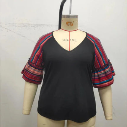Gibsie plus size solto com decote em v listra manga alargada topo moda feminina 2025 verão boho meia manga feminino casual blusa de férias