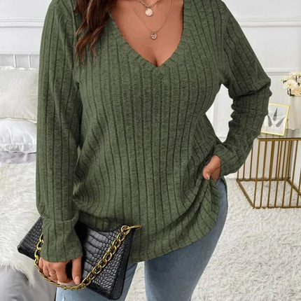 Gibsie plus size feminino casual com decote em v manga longa camisetas camisa 2024 primavera outono moda solta com nervuras malha topos para mulher
