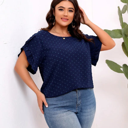 GIBSIE-blusa de manga plissada suíça tamanho grande para mulheres, blusa de verão boho casual sólida, gola redonda, camisa solta de manga curta, tops