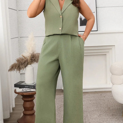 Gibsie plus size conjunto de duas peças para mulheres sólido entalhado pescoço sem mangas colete e calças largas perna 2025 verão escritório senhoras terno