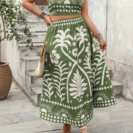 2025 verão feminino 2 peças plus size outfits sem mangas boho padrão impressão cami topos saia longa e fluida conjuntos tamanhos grandes